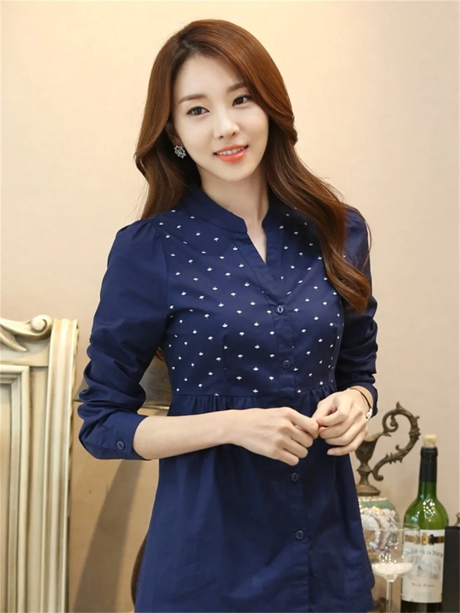 3XL Women Summer Spring Blouses Shirts Lady Fashion Casual Long Sleeve V-Neck Collar Polka Dots Blusas Tops CT0763