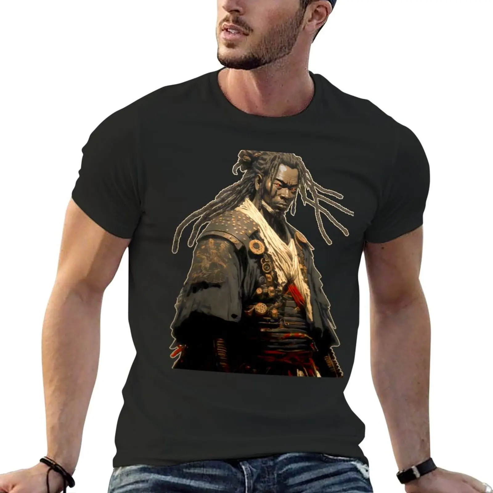 New Yasuke Black Samurai in 1579 Feudal Japan No. 3 on a Dark Background with Outline T-Shirt anime mens tall t shirts