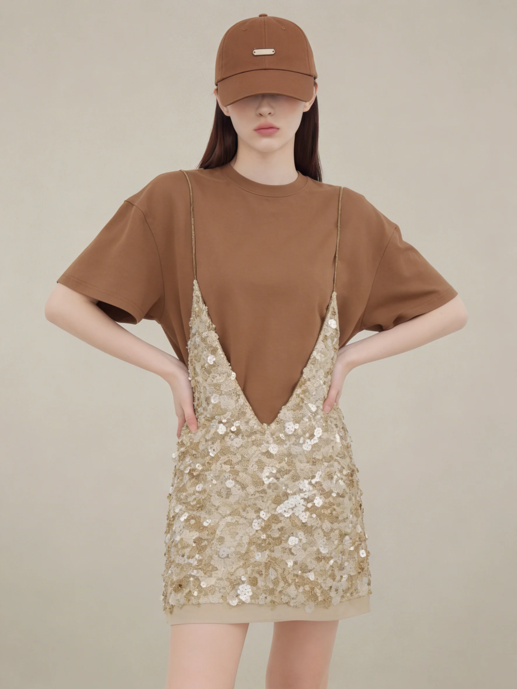 

Korean Style Short Sleeve Glitter Coffee Color T-Shirt And Crop Top Set Women's Fashion Spring Outfit Two-Piece Ensemble