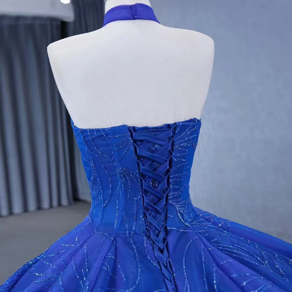 Blue Halter Sleeveless Evening Dress 2026 Lace Up Back Sequined Beading Embroidery Customizable Luxury Night Vestidos De Noche
