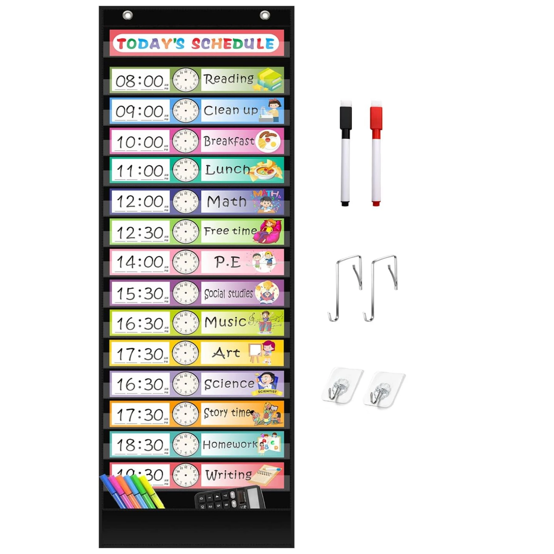 15 + 1 جيوب مخطط جيب للجدول اليومي مع 30 قطعة بطاقات قابلة لإعادة الاستخدام على الوجهين، جدول مخطط الجيب لمكتب الفصول الدراسية