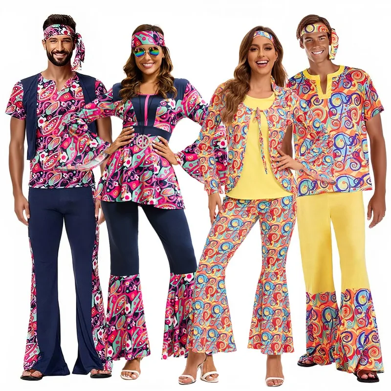 Costume de cosplay de carnaval pour couple, ensemble rétro des années 70 composé d'un haut et d'un pantalon, tenue de jeu de rôle pour fêtes à thème de vacances pour femmes et hommes adultes.
