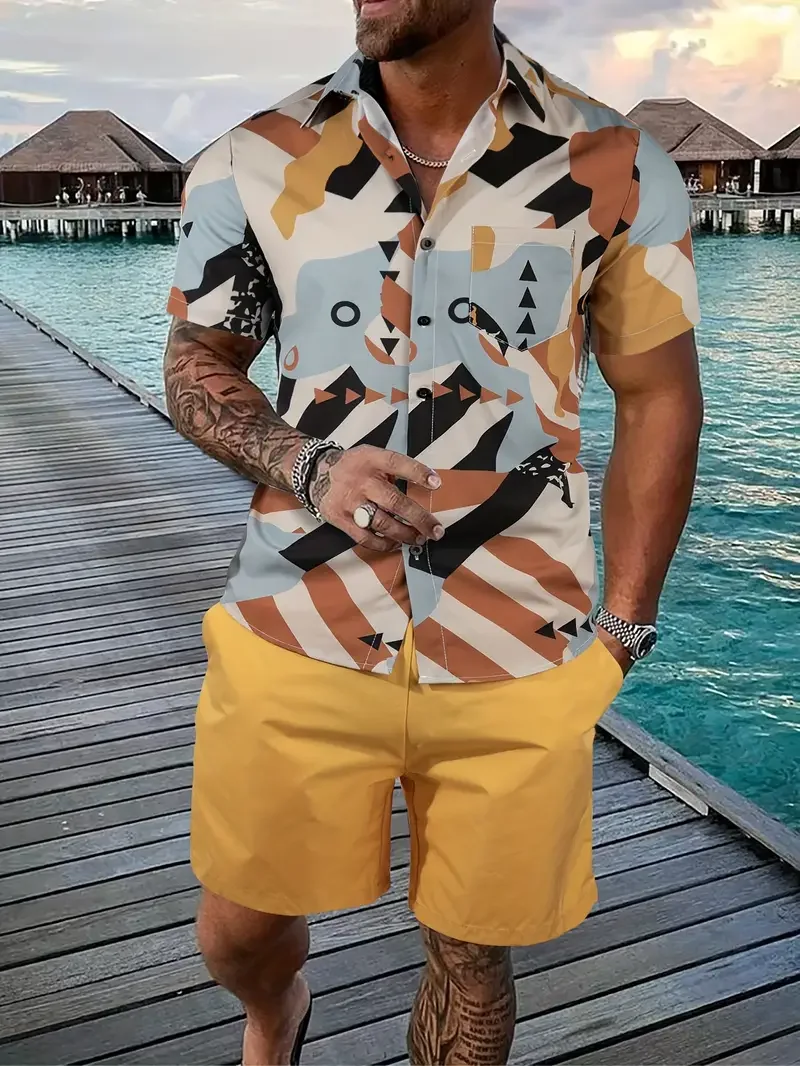 Ensembles de chemises et shorts de plage College en 3D pour hommes, olympiques hawaïens, manches courtes, streetwear rétro floral, décontracté, été