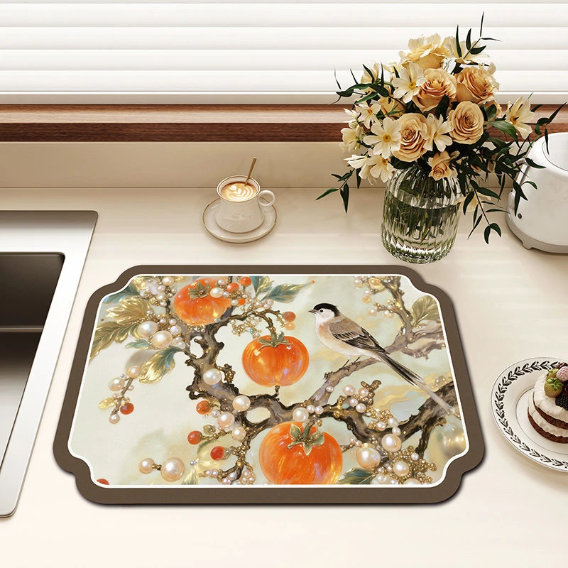 VIKAMA Kitchen Drain Mat Chinese Flower Bird Persimmon Brown Vintage Dish Drying Mat Water Absorbent Quick Dry Anti Slip Soft
