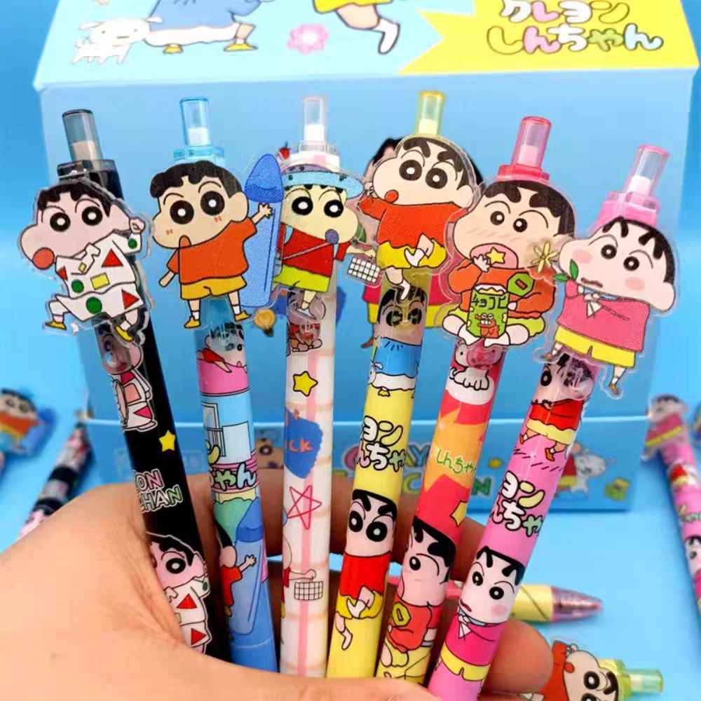 

24 шт., мультяшный карандаш Шин-Чан, 0,5 мм, черная гелевая ручка, канцелярские принадлежности для студентов, ручки для учителей, офисные принадлежности, подарки на день рождения для девочек