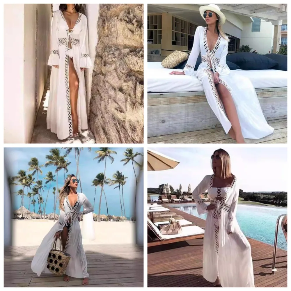 

2025 Summer Bikini Cover-ups Women Bohemian Beach Long Dress Short Sleeve Lace Hollow Out Cardigan Swimwear Cover Ups Beachwear