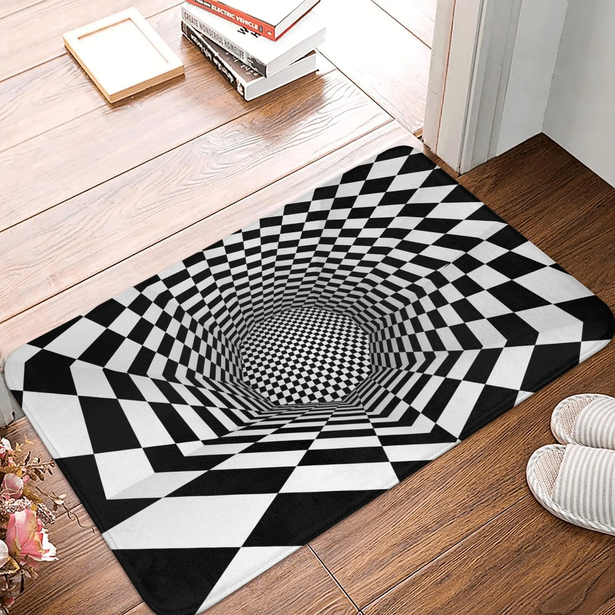 3D Checkered Swirl Trap Doormat Mat Anti-Slip Geometric Vortex Illusion Bathroom Kitchen Toilet Rug Carpet 40*60cm