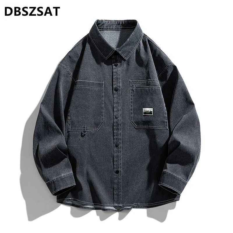 

Men Denim Casual Shirts Male Cotton Light Blue Slim Shirts Multi-pocket Tooling Shirts Quality Man Large Long-sleeved Shirts 5XL