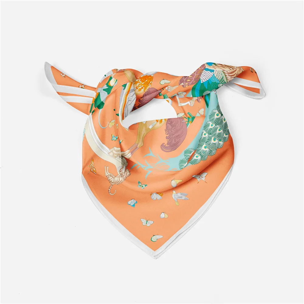 Twill Silk Scarf Woman Animals Painting Square Scarves Wraps Bandana Small Hijab Silk Foulards Tie Headband Neckerchief 53CM