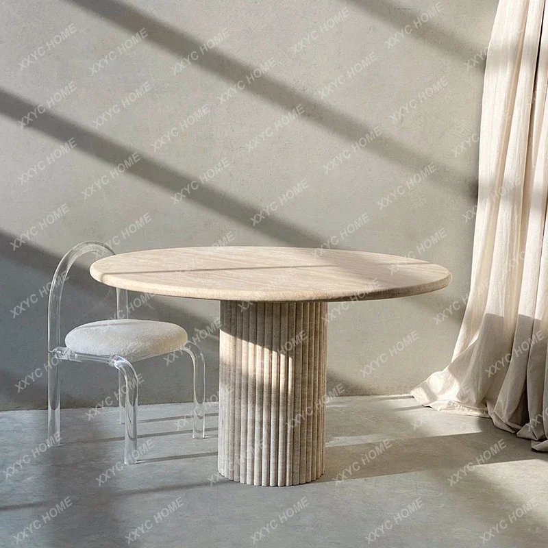 

AAItalian Style Natural Travertine Table Hotel Homestay Light Luxury Round Table Restaurant Dining Table Marble