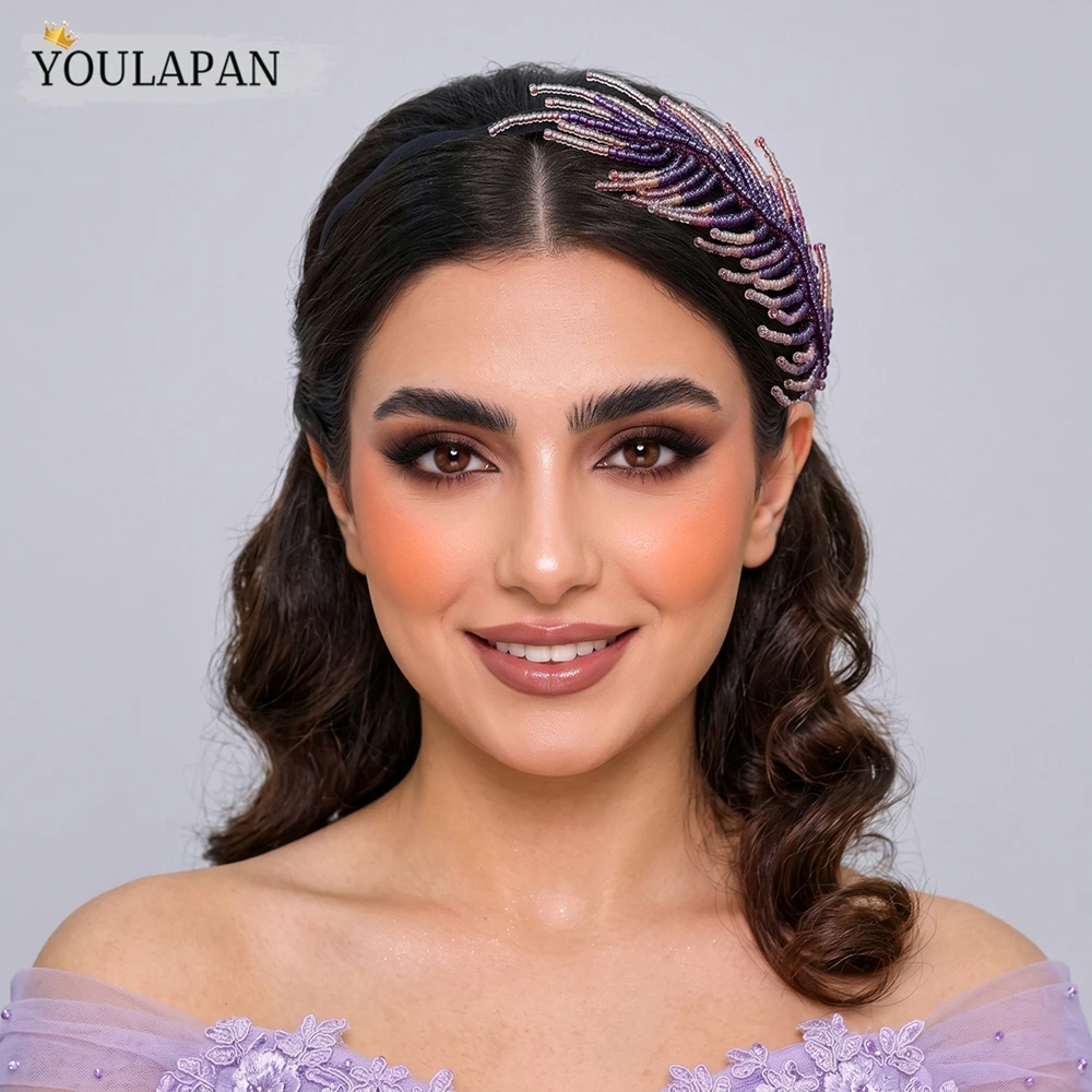 YouLaPan Handmade Beaded Leaf Headband Purple Crystal Hair Hoop Wedding Party Hair Accessories Evening Jewelry Women A19