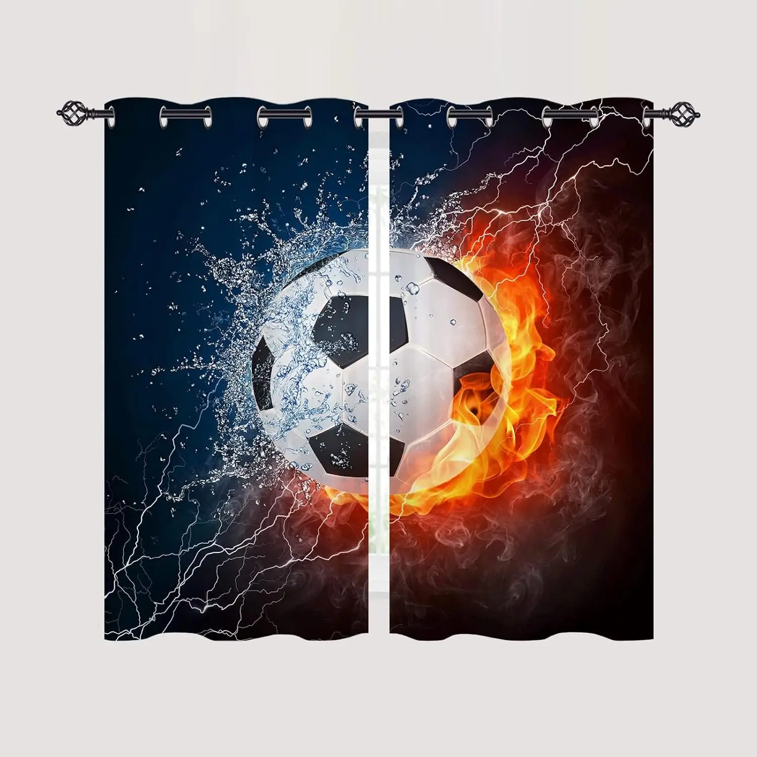 Soccer Curtains W42 x L63 Inch Grommet Sports Theme Water Flame Football Fire Balls Print Pattern Light Filtering Fabric Window