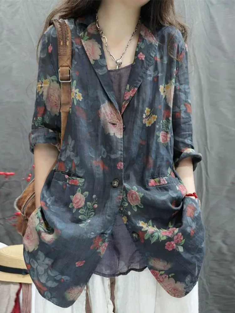 

Casual Cotton Linen Printed Suit Jacket Women's Large Size Vintage Personality Stylish Mungbean Casual Western Style Shirt