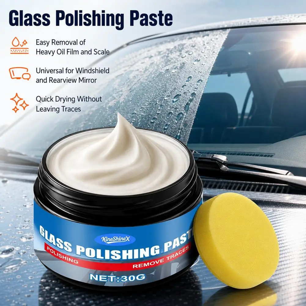 Car Glass Oil Film Removal Paste 30g Windshield Cleaner Cream with Sponge Anti-Glare Water Spot and Grime Remover for Car