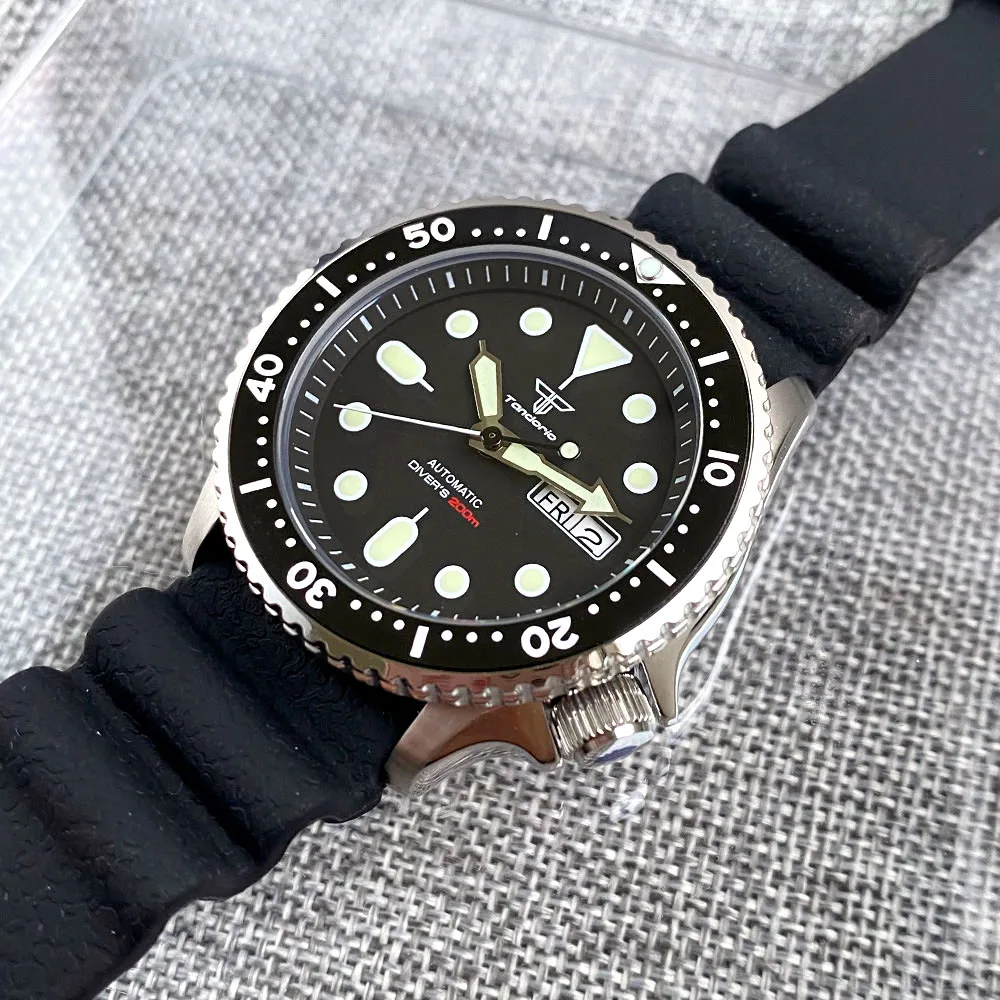 Relógio de mergulho preto luminoso masculino, Tandorio NH36A 20ATM, Auto SKX, vidro de safira, 120 momentos, moldura cerâmica, data, moldura