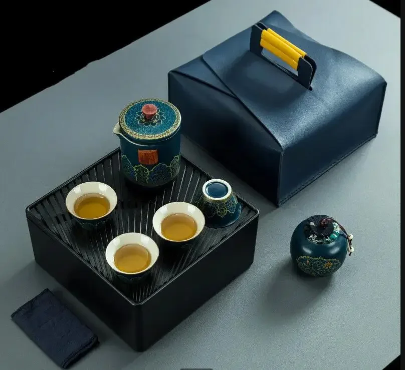 Travel Car Tea Set Ceramic Teapot and Cup Set Portable One Pot Four Cup Kung Fu Tea Set Home Office Green Tea Tea Set Tea Caddy