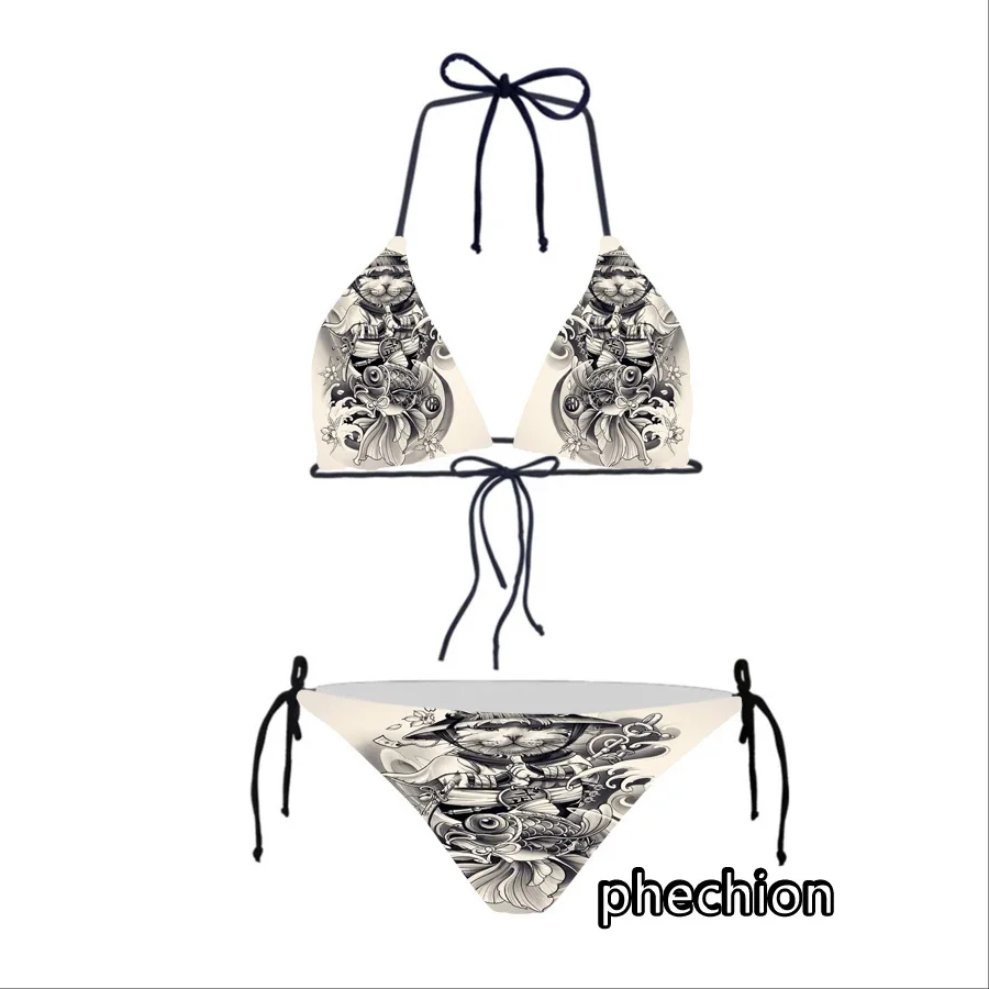 phechion Sexy Cute Bikinis Swimsuit Samurai Cat Tattoo 3D Print Fashion Summer Sandbeach Swimming Suit for Women Bikinis Set A24