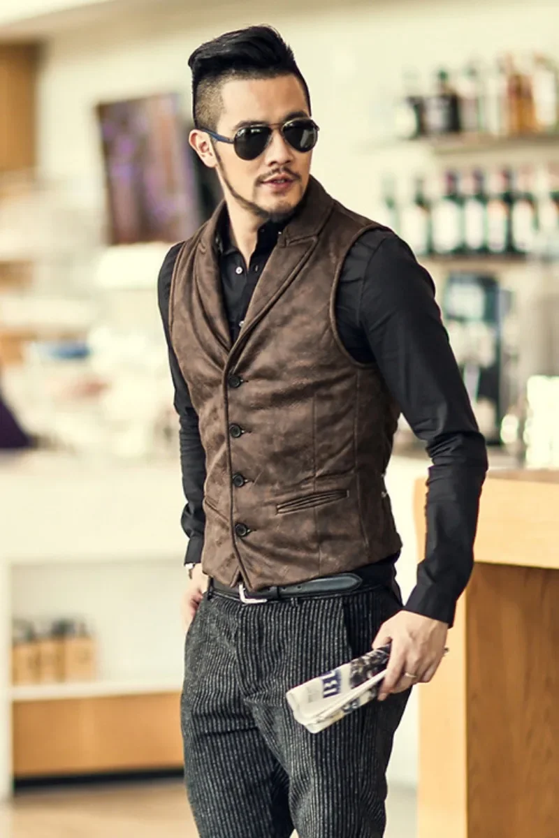 Retro Suede Vest Men Vintage Style Slim Fit Autumn Winter Mens Sleeveless Jacket V Neck Warm Waistcoat