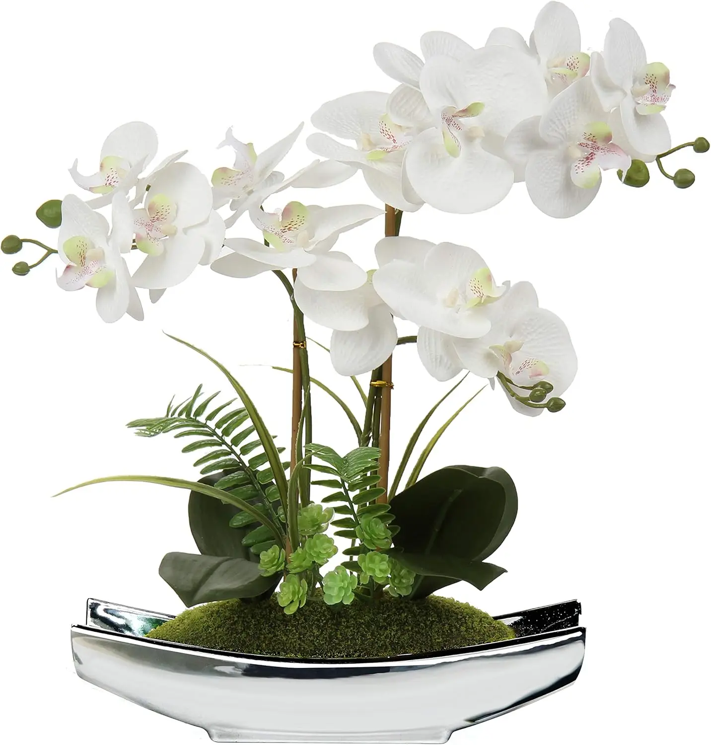 

Orchids Artificial Flowers 15" White Phalaenopsis Orchid with Silver Pots Real Touch Faux Orchid Plant for Home Office
