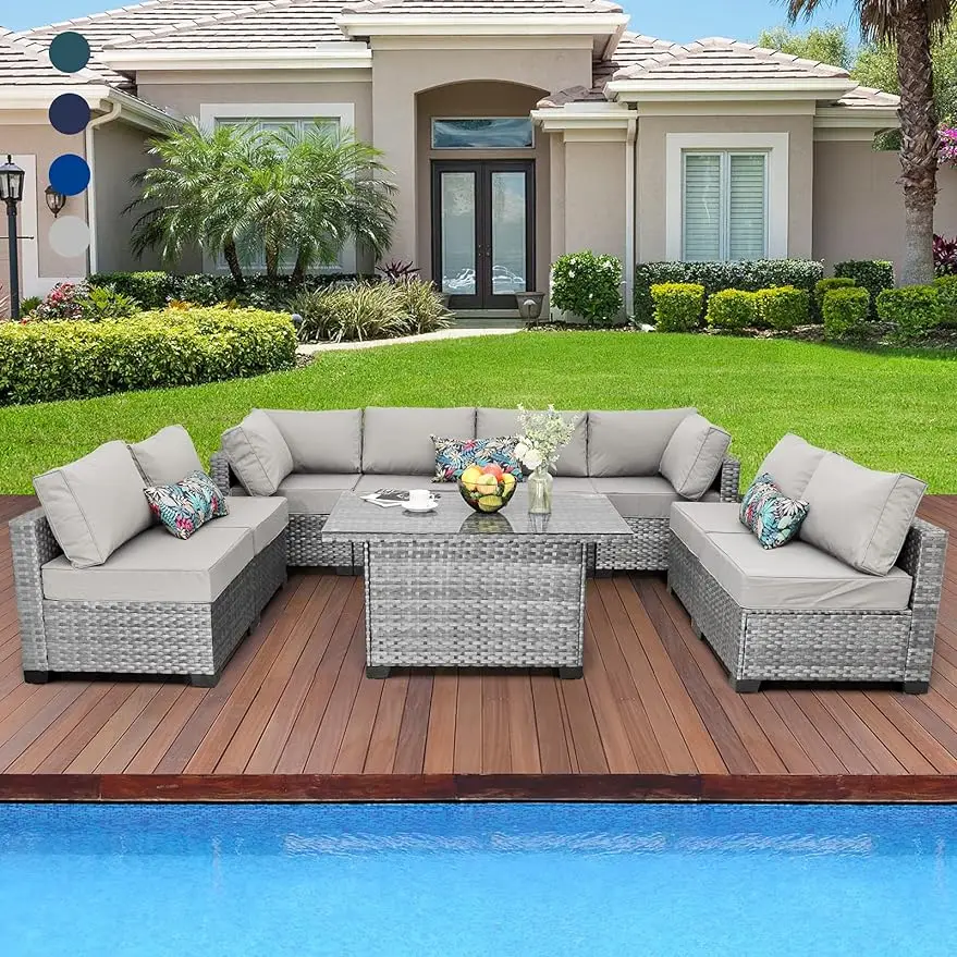 9PCS Outdoor Wicker Furniture Set Patio Furniture Conversation Couch Set  Glass Table with Thicken Anti-Slip Grey Cushions Cover