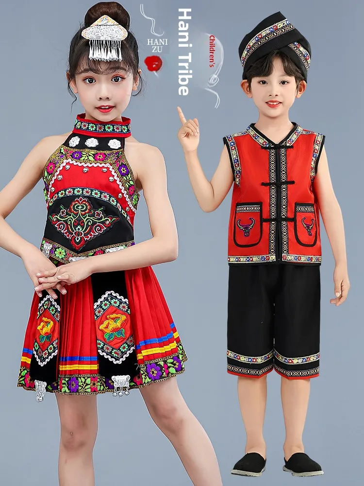 

Детский танцевальный костюм для выступлений в этническом стиле Хани: народный костюм «Красный горный фрукт» Хани, культурный наряд для девочек
