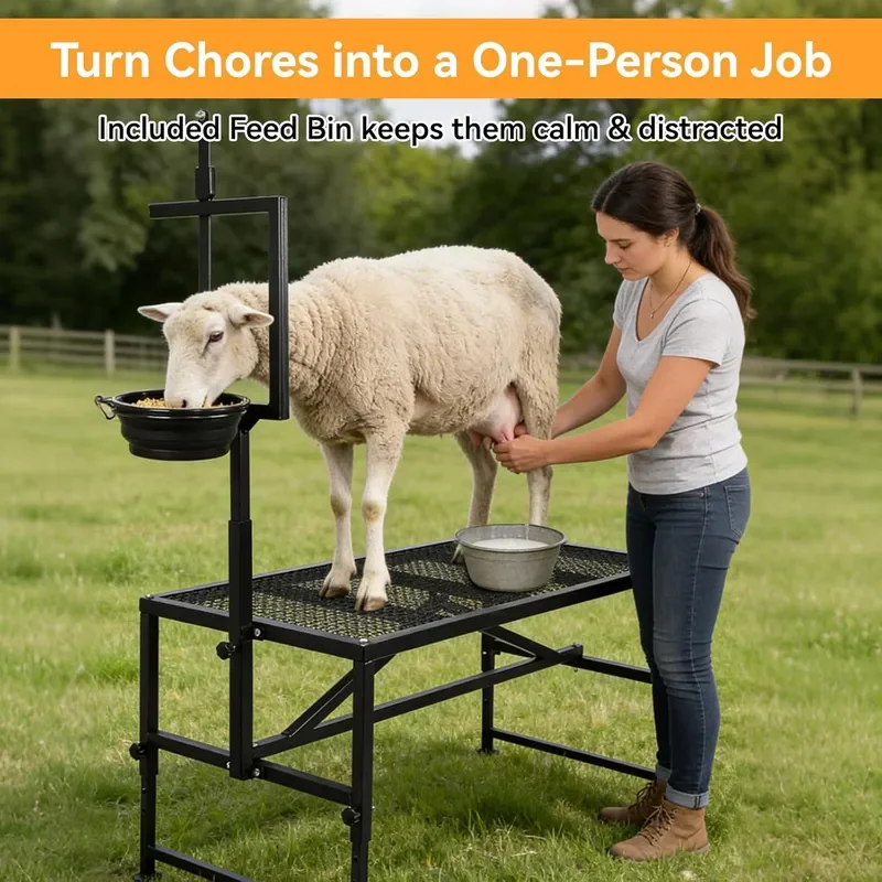 Milking Stand with Feed Bin 600 LBS Heavy Duty Sheep Trimming Stand Adjustable Headpiece Livestock Stanchion Stable Metal