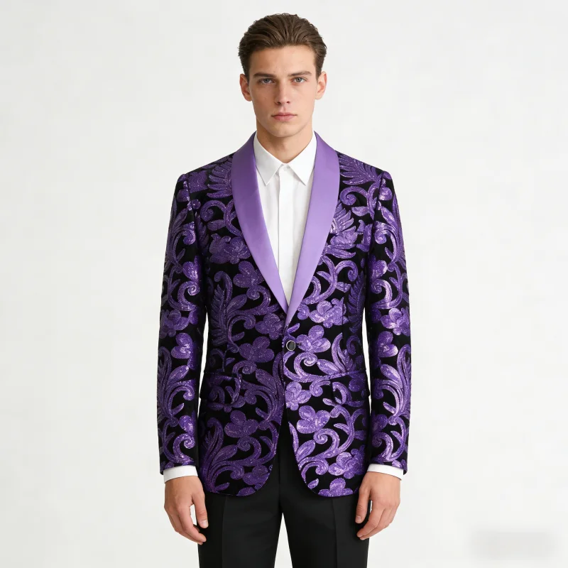 

Men's Velvet Blazers High Quality Formal Suit Jackets Banquet Prom Glitter Sequins Tuxedo Coat Singer Host Stage Performance