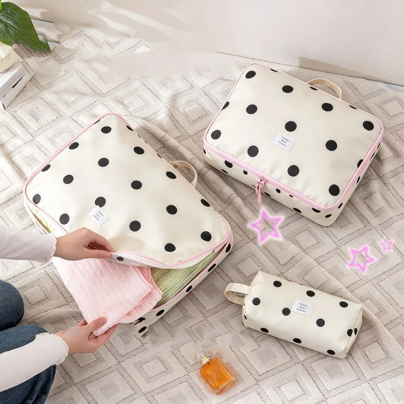 Polka Dot Travel Cosmetic Storage Bag Women's Portable Large Capacity Makeup Bag Clothes Underwear Separation Organizer Case