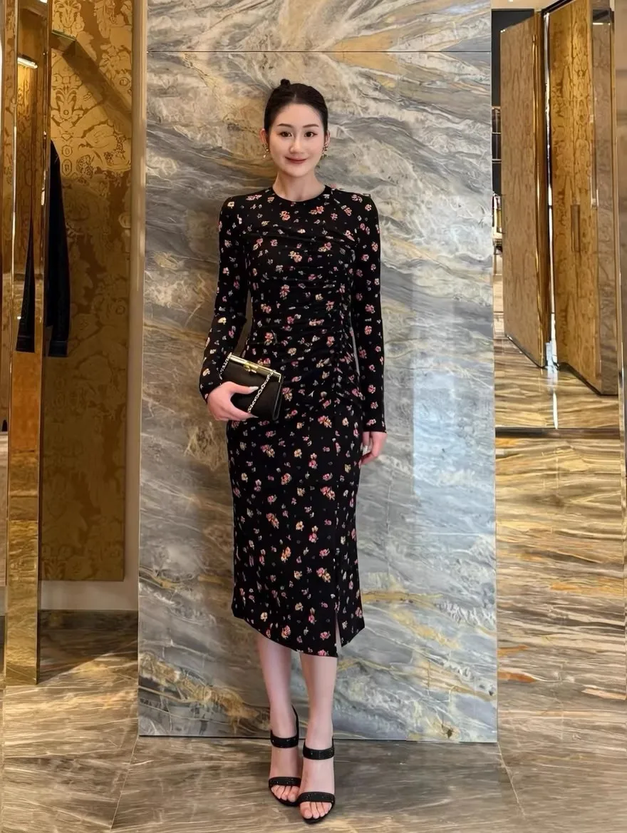 

High Quality 2026 Spring Elegant Ladies Slim Silk Dress O Neck Fashion Draped Retro Printed Dresses