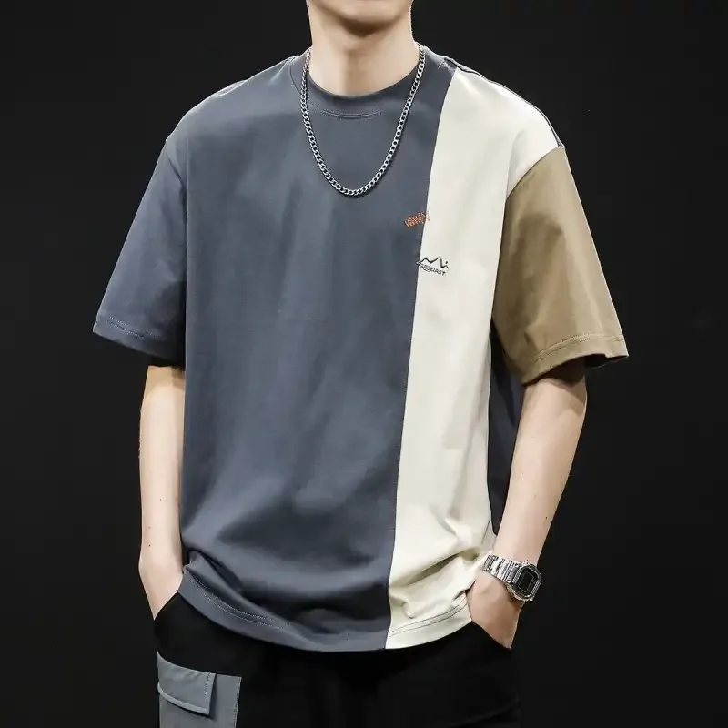 Men's Casual Patchwork Color Block T-Shirt Short Sleeve Round Neck Breathable Cotton Tee for Daily Wear Summer
