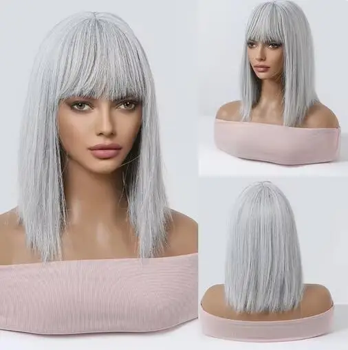 

Medium Length Straight Silky Wigs Silvery White Short Wig for Women Cosplay Lolita Wigs with Bangs Heat Resistant Natural Hair