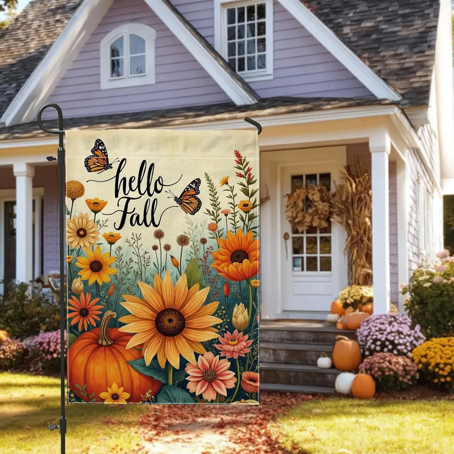 Hello Fall Garden Flag, Multicolor Sunflowers and Pumpkins Home Decor Banner, Double Sided Burlap Outdoor Lawn Decoration fo yyi