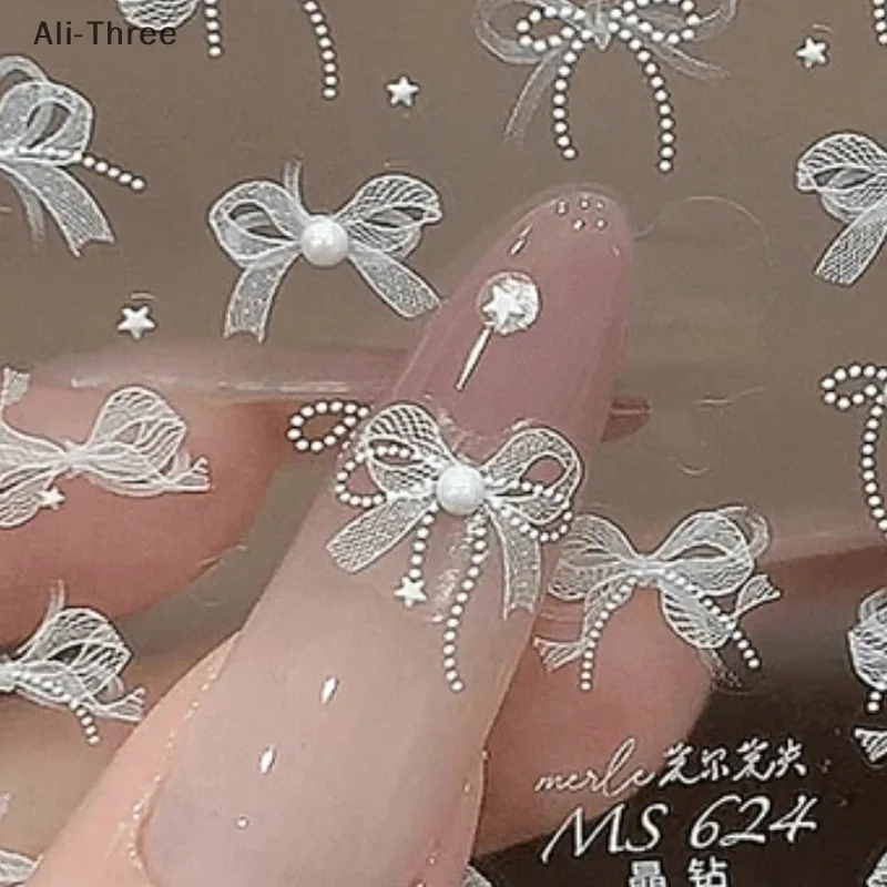 5D White Lace Bow Nail Art Stickers Pearl Rhinestones Nail Decoration Adhesive Decals Slider DIY Accessory