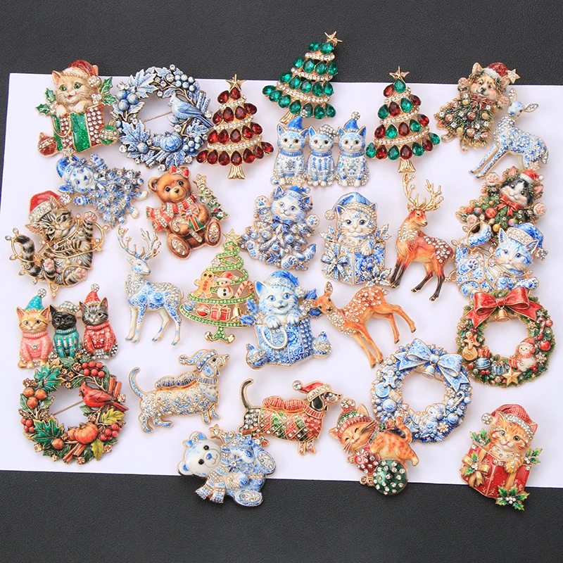 Assorted Christmas Animal Rhinestone Enamel Brooch Pins