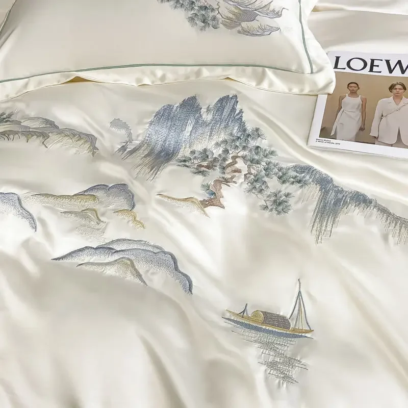 Imagem -03 - Nova Chegada Estilo Chinês Paisagem Bordado Conjunto de Cama Luxo Sedoso Colcha Capa Edredão Conjunto Macio Folha Fronhas