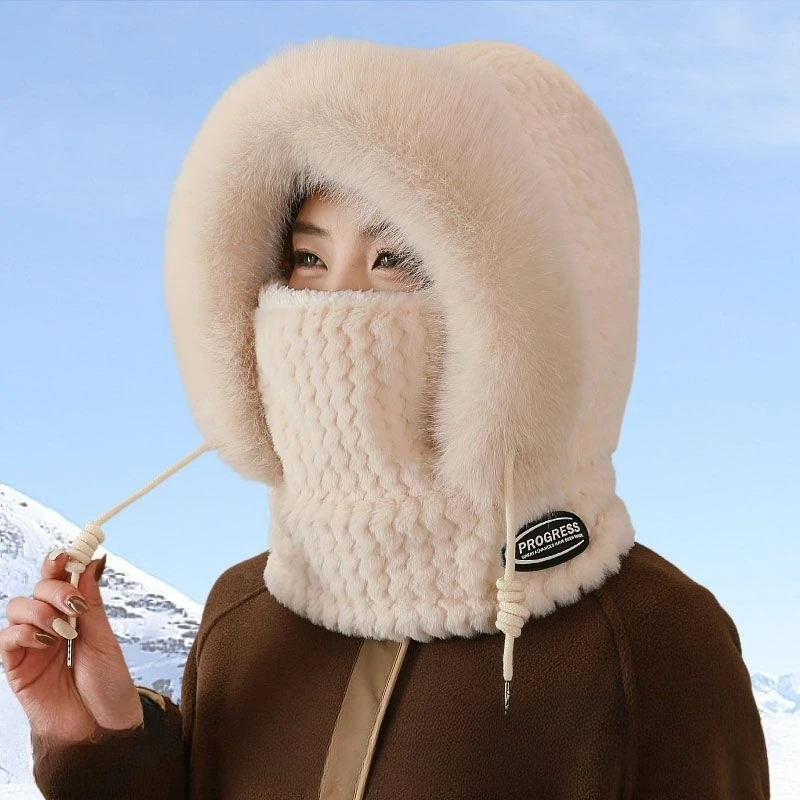 3 in 1 Winter Cycling Hat Hood Scarf Mask Set Thick Thermal Windproof Ear Cover for Women Electric Scooter Outdoor Cold Weather