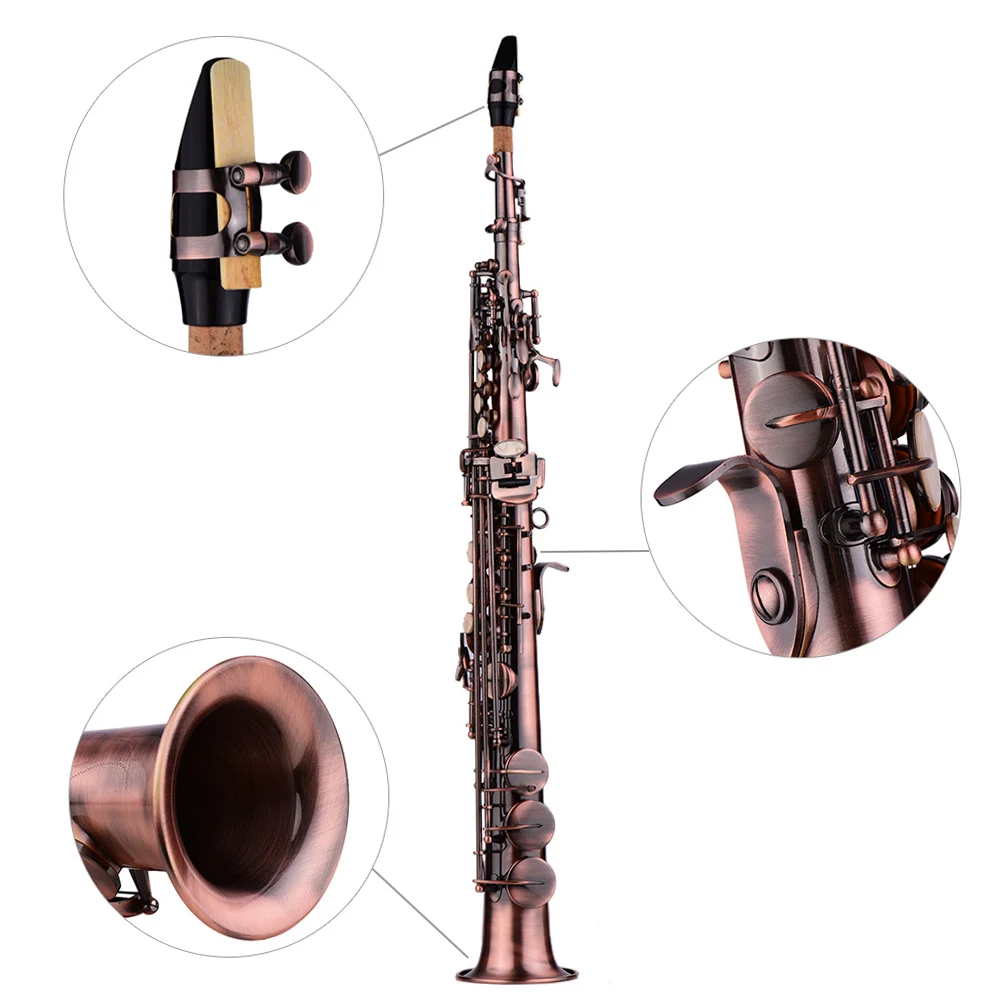 Professional Brass Straight Bb Soprano Saxophone Ni Plated Sax Woodwind Instrument Carve Pattern w Gloves Cleaning Cloth Straps