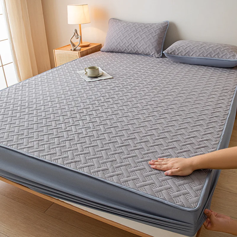 

Thickened Knitted Cotton Bedspread on The Bed Anti Slip Mattress Protector Cover Fixed Six Sided All Inclusive Bedding Cover