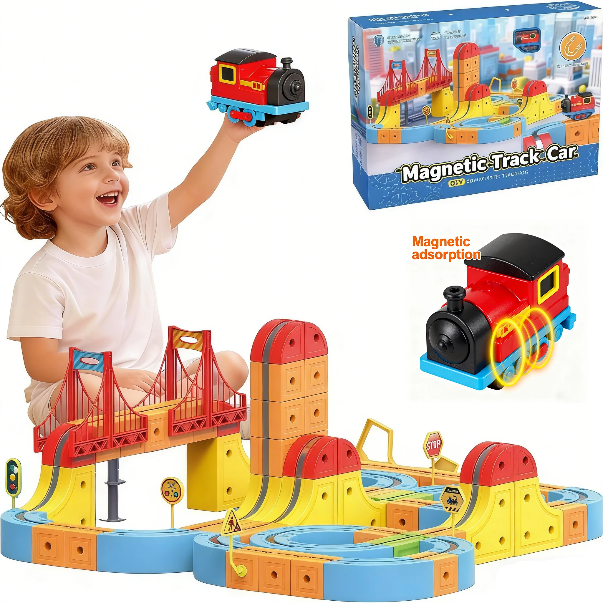 Juego de vías de tren magnético eléctrico para niños, pista de carreras Flexible DIY, bloques de construcción, cubo de juguete, vástago, regalo de cumpleaños de aprendizaje