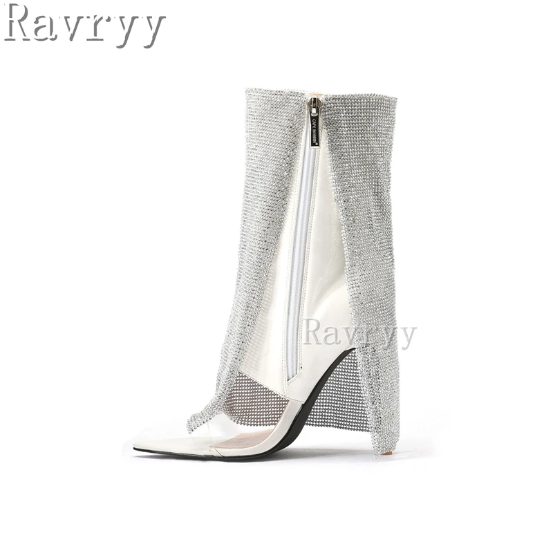 

Pointed Toe Rhinestones Skirt Boots Middle Length Thin High Heels Women's Shoes Spring Summer Luxury Party Boots Large Size