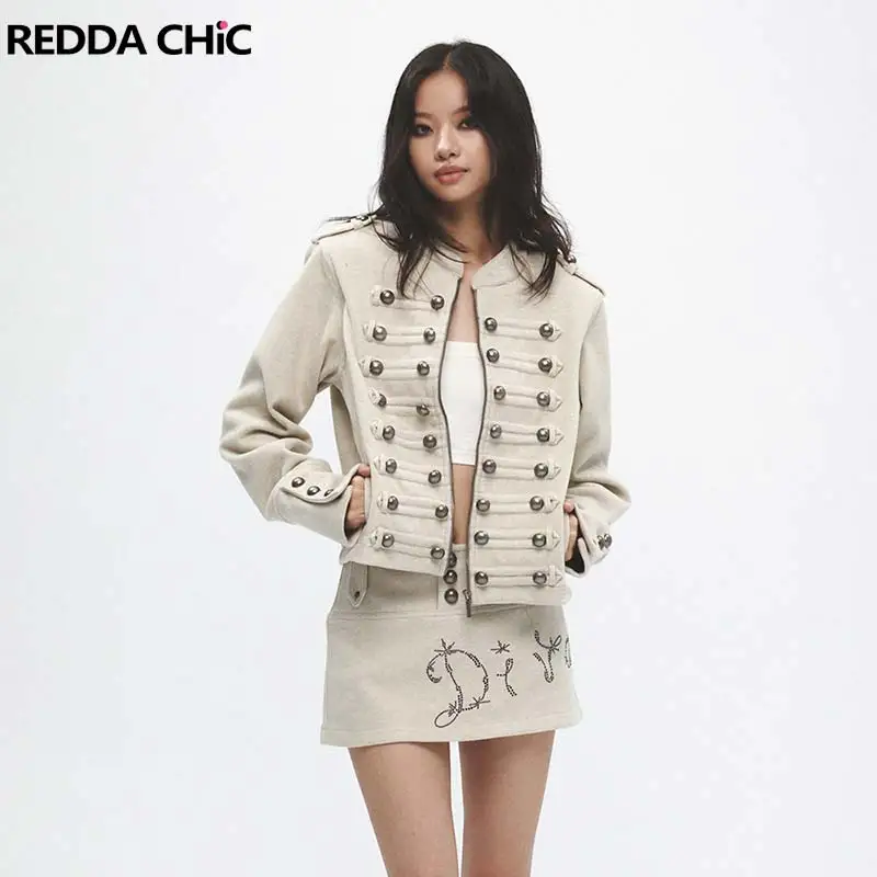 REDDACHiC Women's Double-breasted Pirate Jacket Skirt Two-piece Set Western Crop Jacket Mini Bodycon Skirt Vintage Streetwear