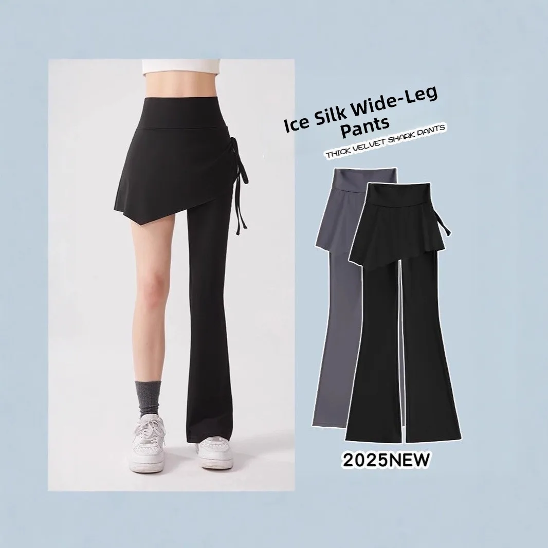 여성용 하이웨이스트 페이크 투피스 피트니스 팬츠 2025 신상 슬림 요가 바지 힙 커버 슬림핏 벨보트 캐주얼 팬츠