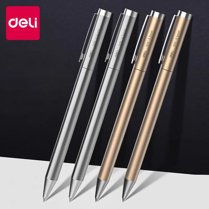 

Цельнометаллическая гелевая ручка Deli, ручка для подписи, 0,5 мм, S99, вращающийся карбоновый держатель, золотой, серебряный, черный сменный блок, школьные и деловые офисные принадлежности