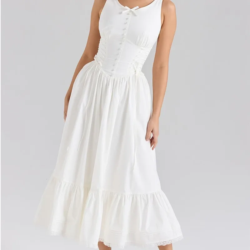 2025년 여름 플로럴 프린트 보헤미안 드레스 여성 앞면 레이스업 보우 O넥 A라인 미디 탱크 드레스 우아한 여성 휴가 파티 로브