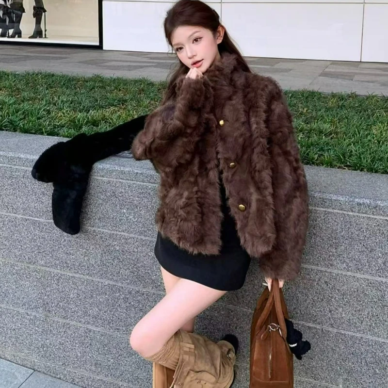 

New Korean-style fur one-piece lambskin jacket for women 2026 autumn winter stand-up collar thickened warm short outerwear