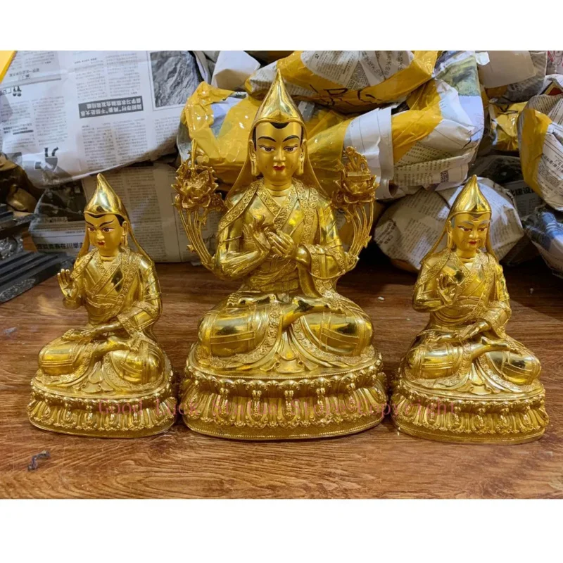 Wholesale Buddhist supplies 3PCS Tibetan Buddhism gilding Tsongkhapa Buddha attendants statue bless safety health good luck