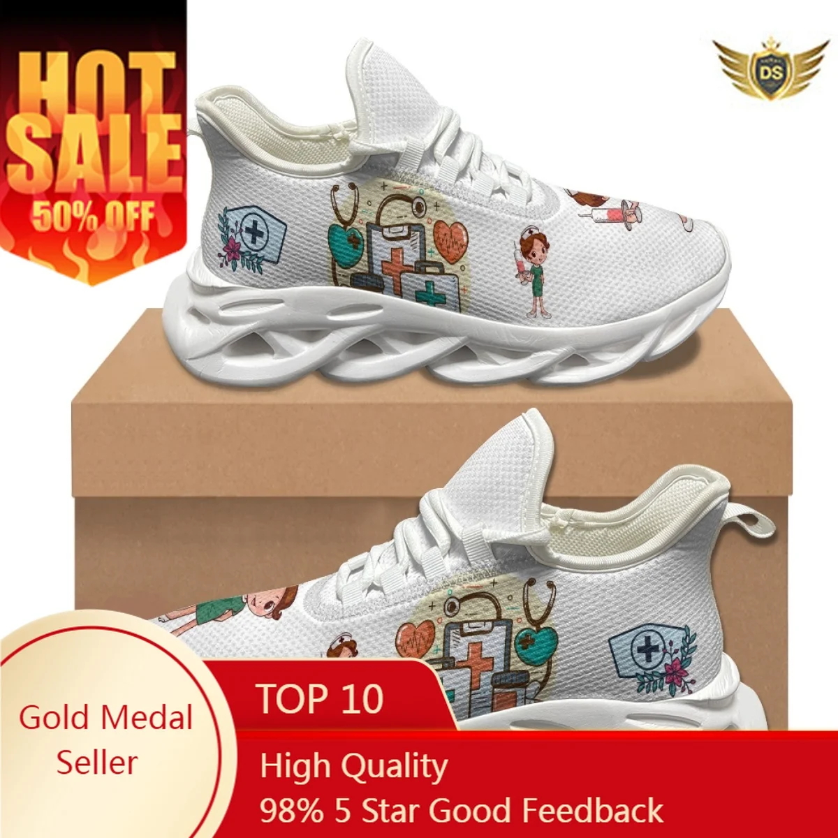 Cartoon Nurse Breathable Sneakers, Sapatos casuais de impressão médica, Absorvente de choque, Antiderrapante, Sapatos de corrida confortáveis para jovens, Estudante