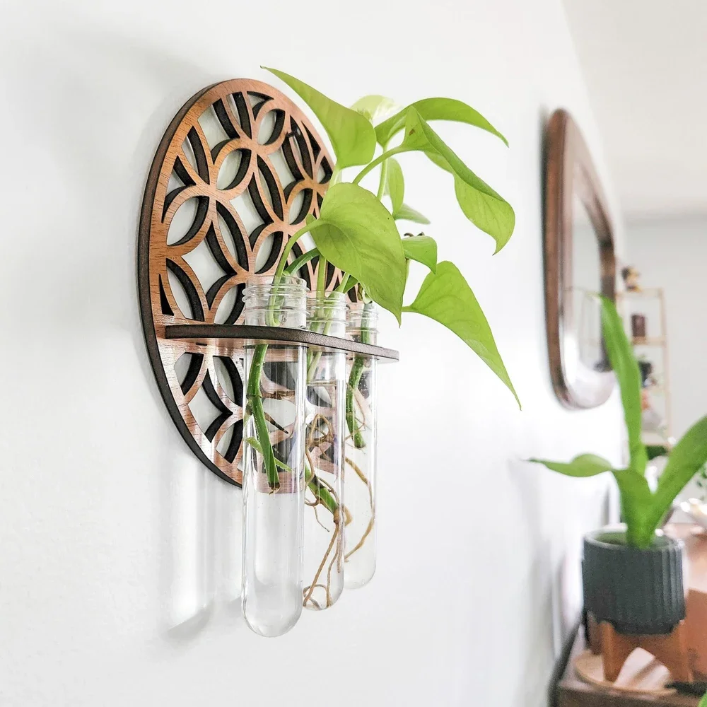 Retro Wall-mounted Flowerpot Home Living Room Balcony Hydroponics Green Plastic Tube Transparent Vase with Wooden Shelf