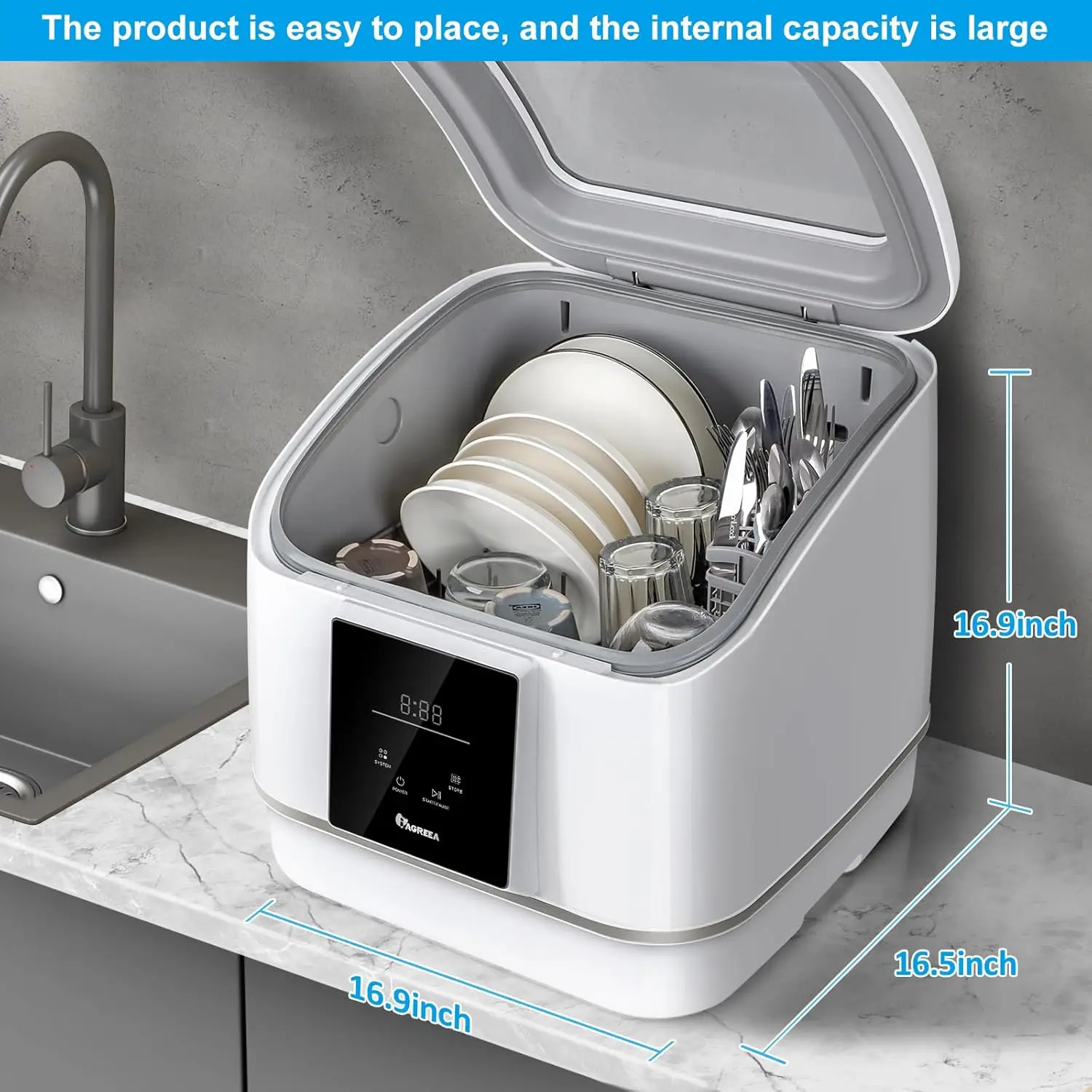 Countertop Dishwasher, 7 Washing Programs Compact Mini Dishwasher, No Hook Needed, Anti-Leakage, Fruit & Vegetable Soak