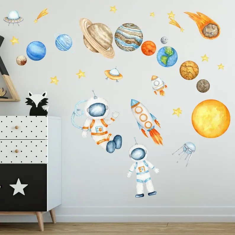 Space Wall Decal Solar System Wall Stickers Cute Astronaut Earth Wall Sticker Sun Planet spaceship Planets Self Adhesive Rocket